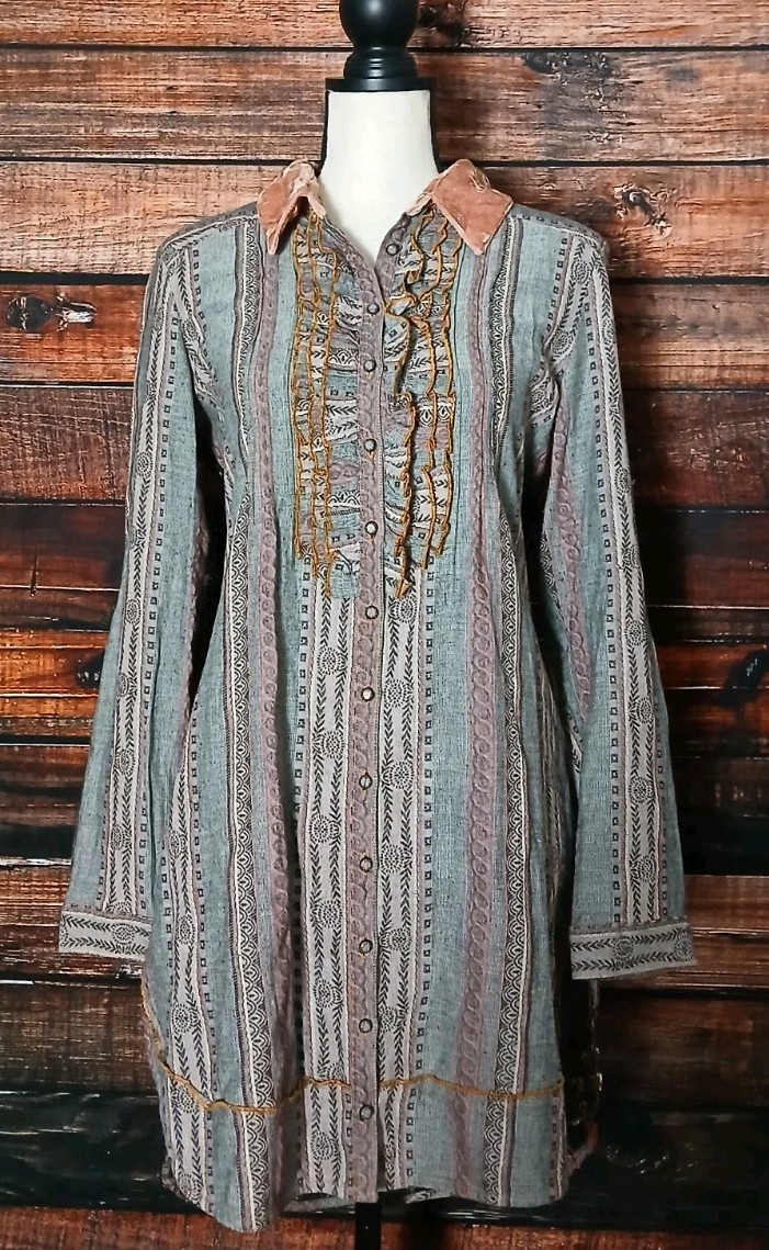 Soft Surroundings Tunic Top S Boho Long Ruffle Embroidered Roll Tab Cuff Button
