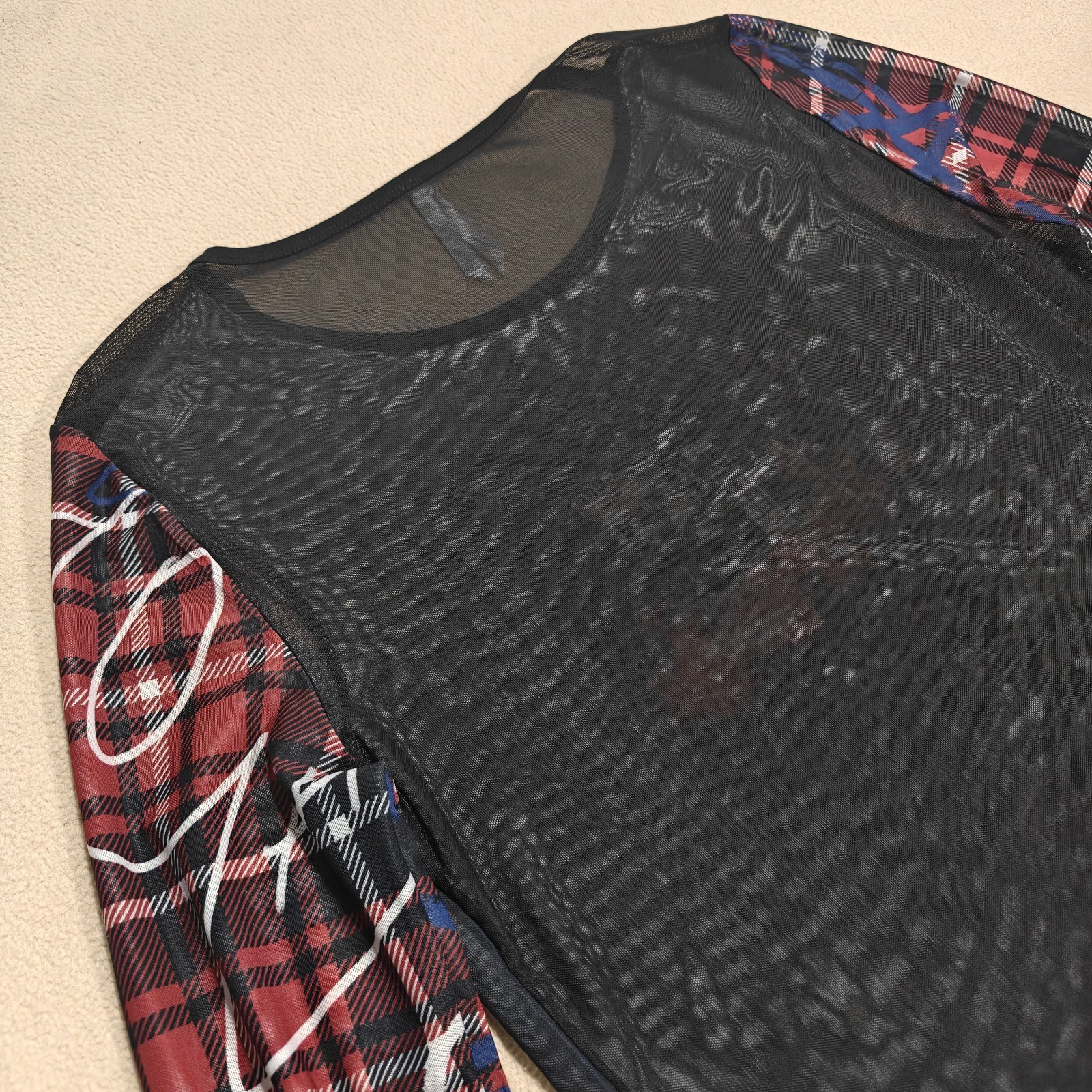 Black Friday Mesh Graphic Long Sleeve Top Plaid Graffiti Punk Goth Size 14