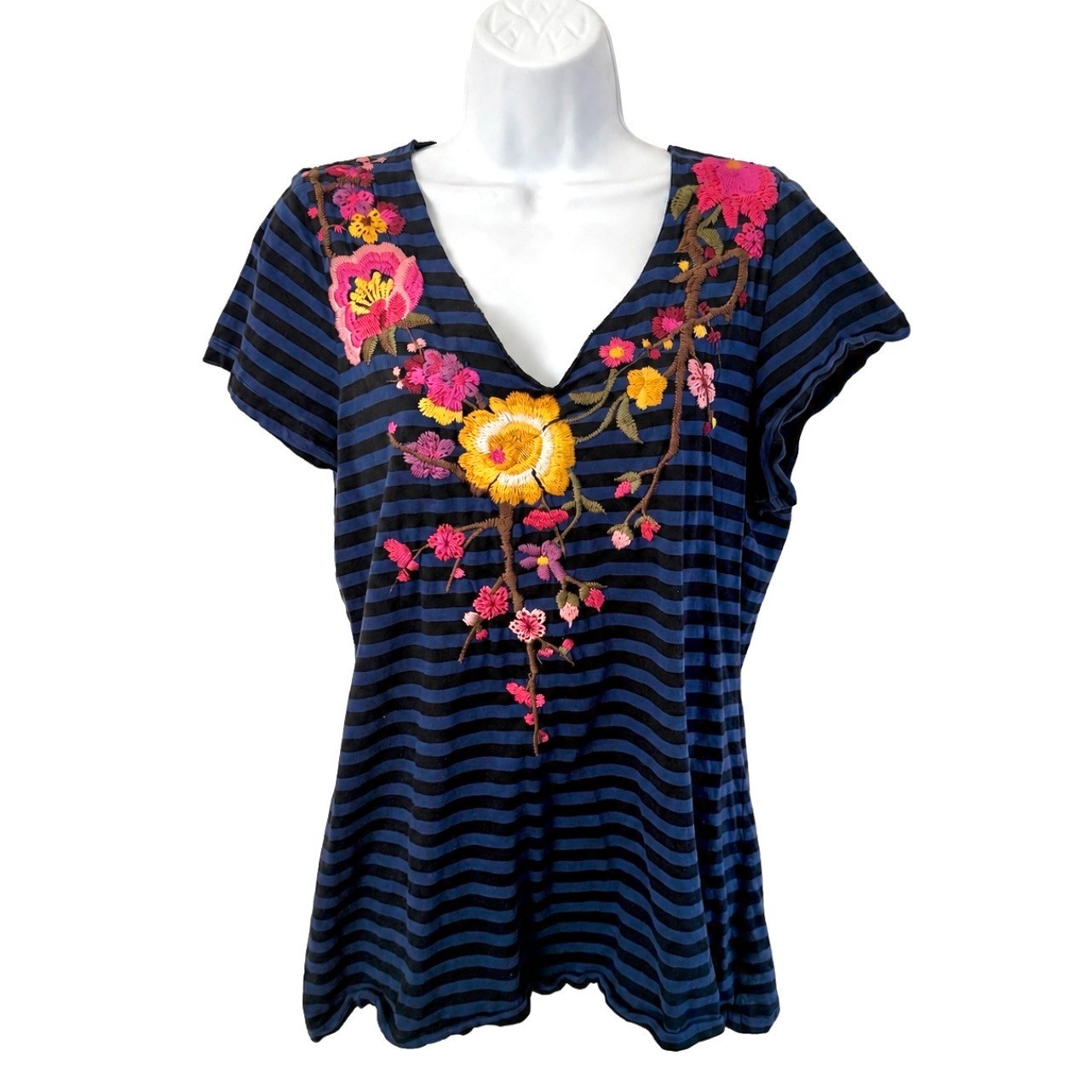 Johnny Was Stripe Embroidered Short Sleeve Cotton T-Shirt XL