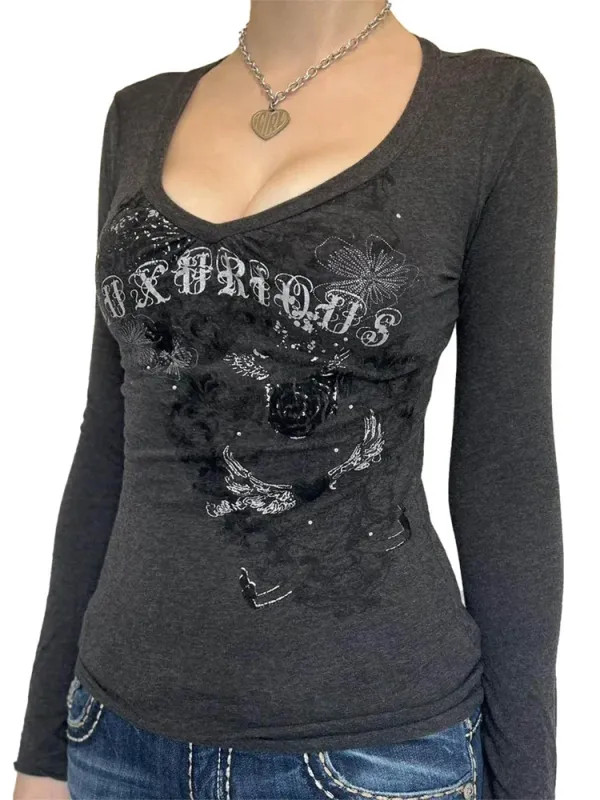 Women Long Sleeve T-shirt Graphic Gothic Print Punk Grunge Y2K Aesthetic