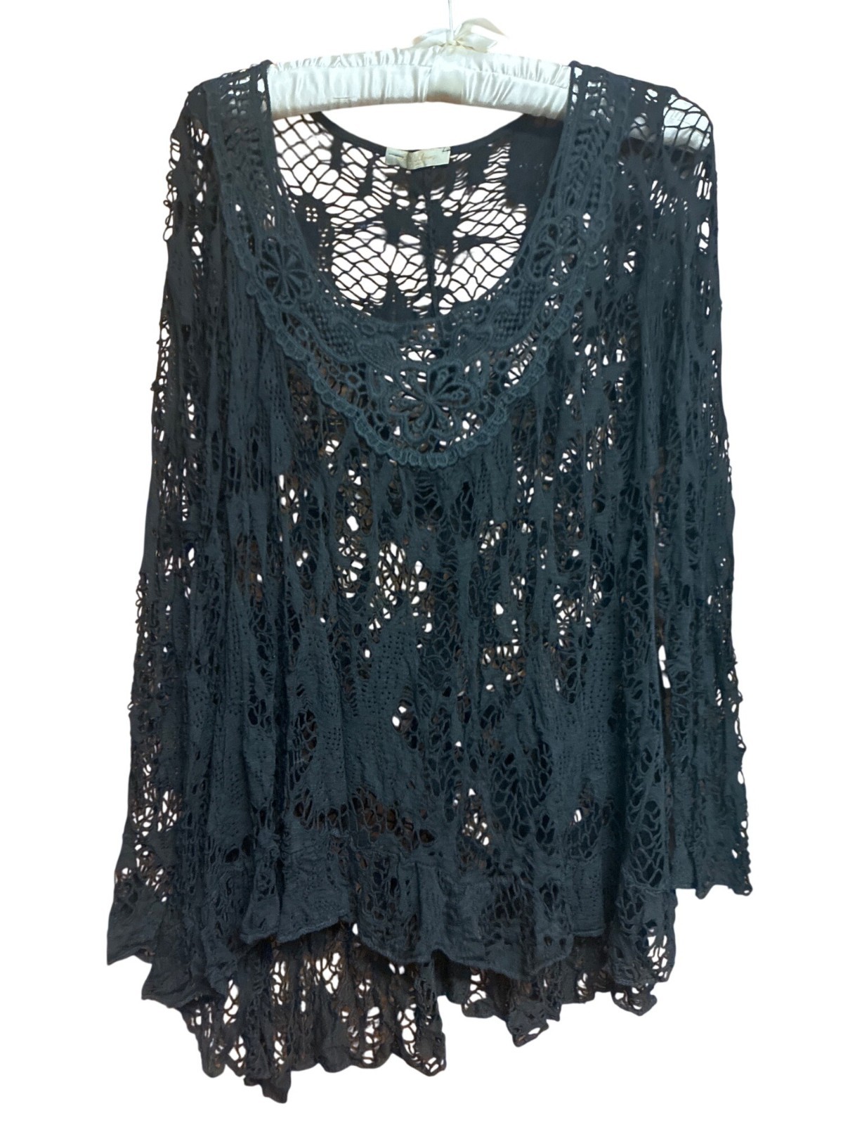 Bella Amore Black Italian Lace Mesh Tunic Top LAGENLOOK Long Sleeve Crochet L