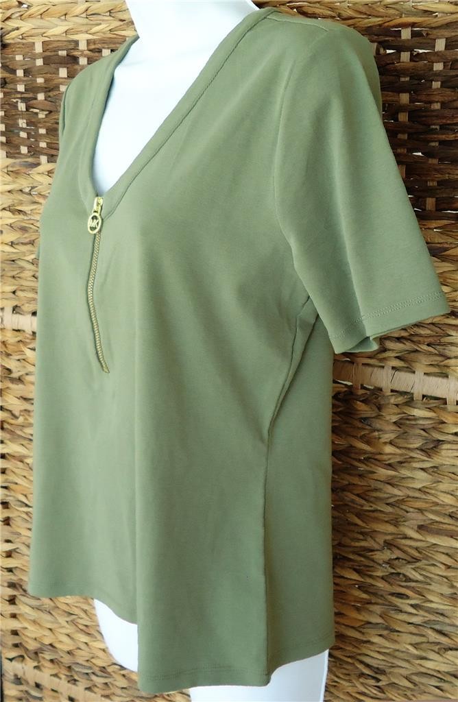 MICHAEL KORS ARMY GREEN V-NECK HALF ZIP FRONT SHORT SLEEVE TOP SIZE L NWT $98