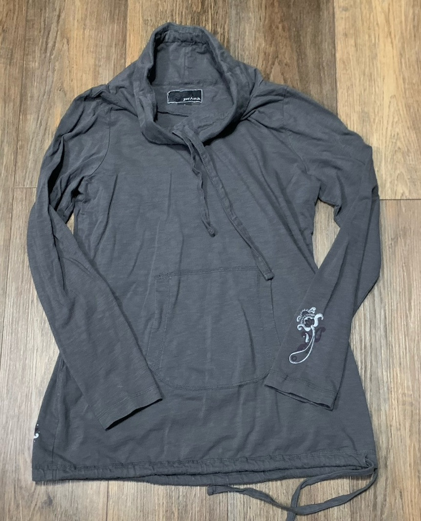 PrAna Frieda Shirt Womens M Long Sleeve Drawstring Cowl Neck Kangaroo Pocket