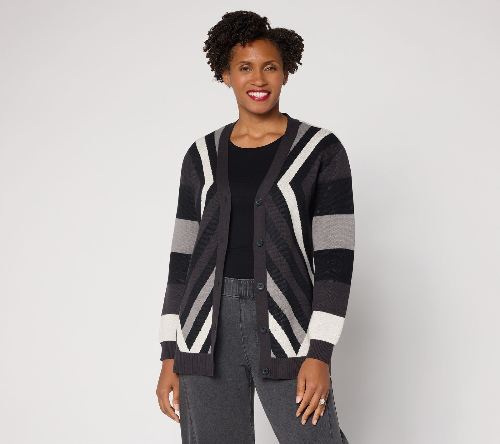 LOGO by Lori Goldstein Mixed Stripe Button Front Cotton Cardigan Black/White L N