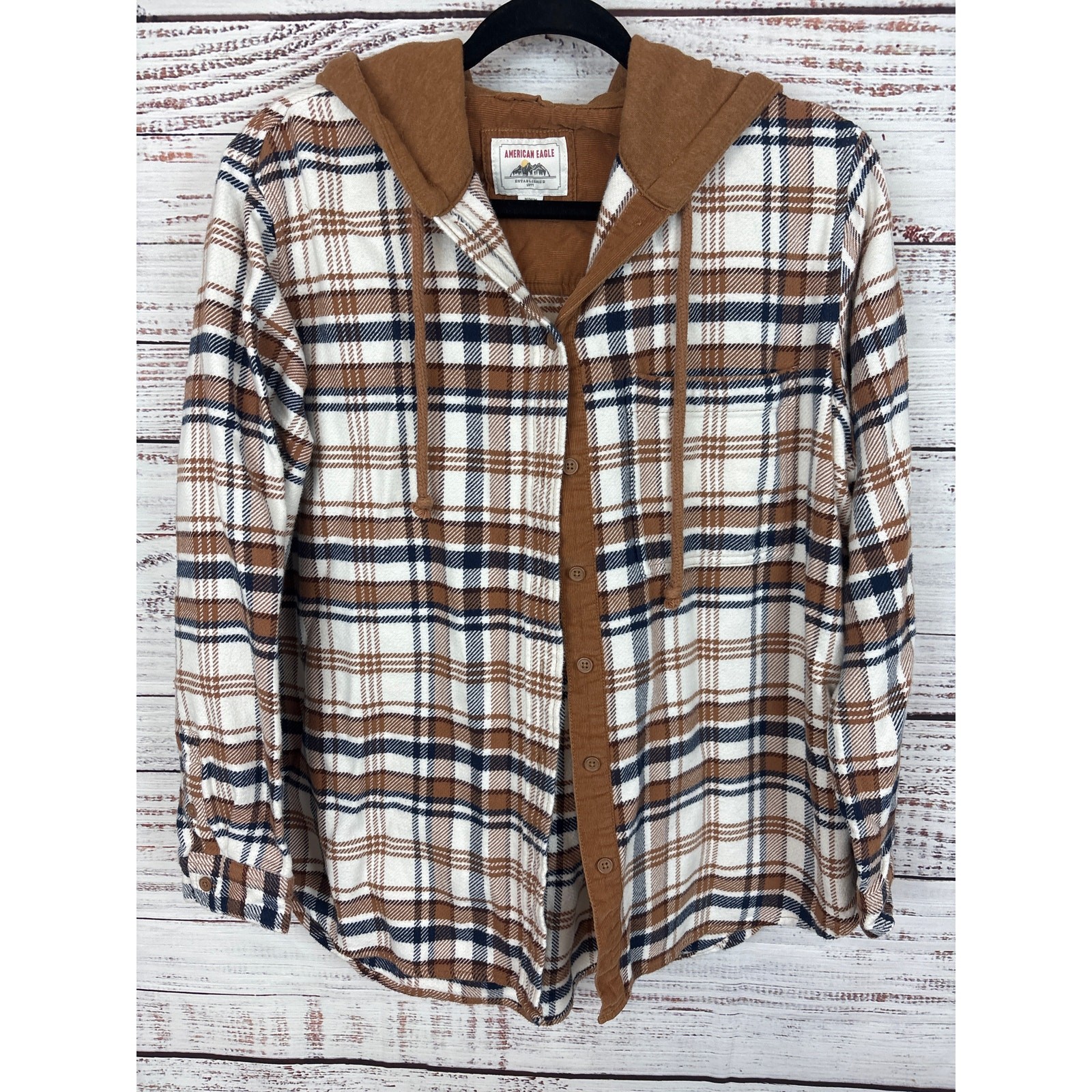 American Eagle Brown Black Plaid Hooded Flannel Button Up Shacket Shirt Womens M