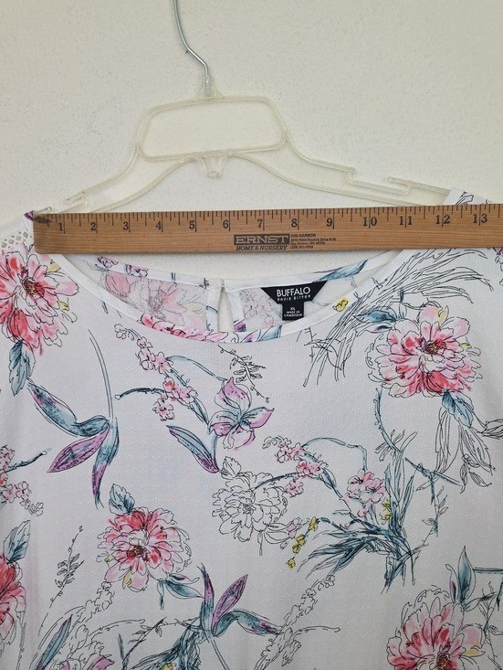 Buffalo David Bitton White Pink Purple Green Floral Short Sleeve Top XL