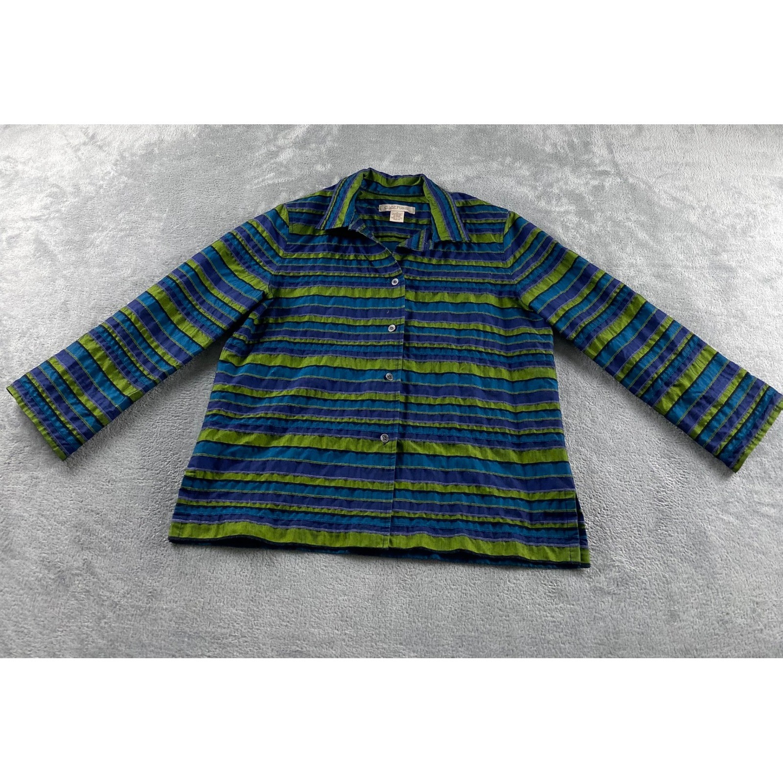 c.l.o.t.h.e.s. Womens M. Green Blue Striped Textured Button Down Shirt Blouse