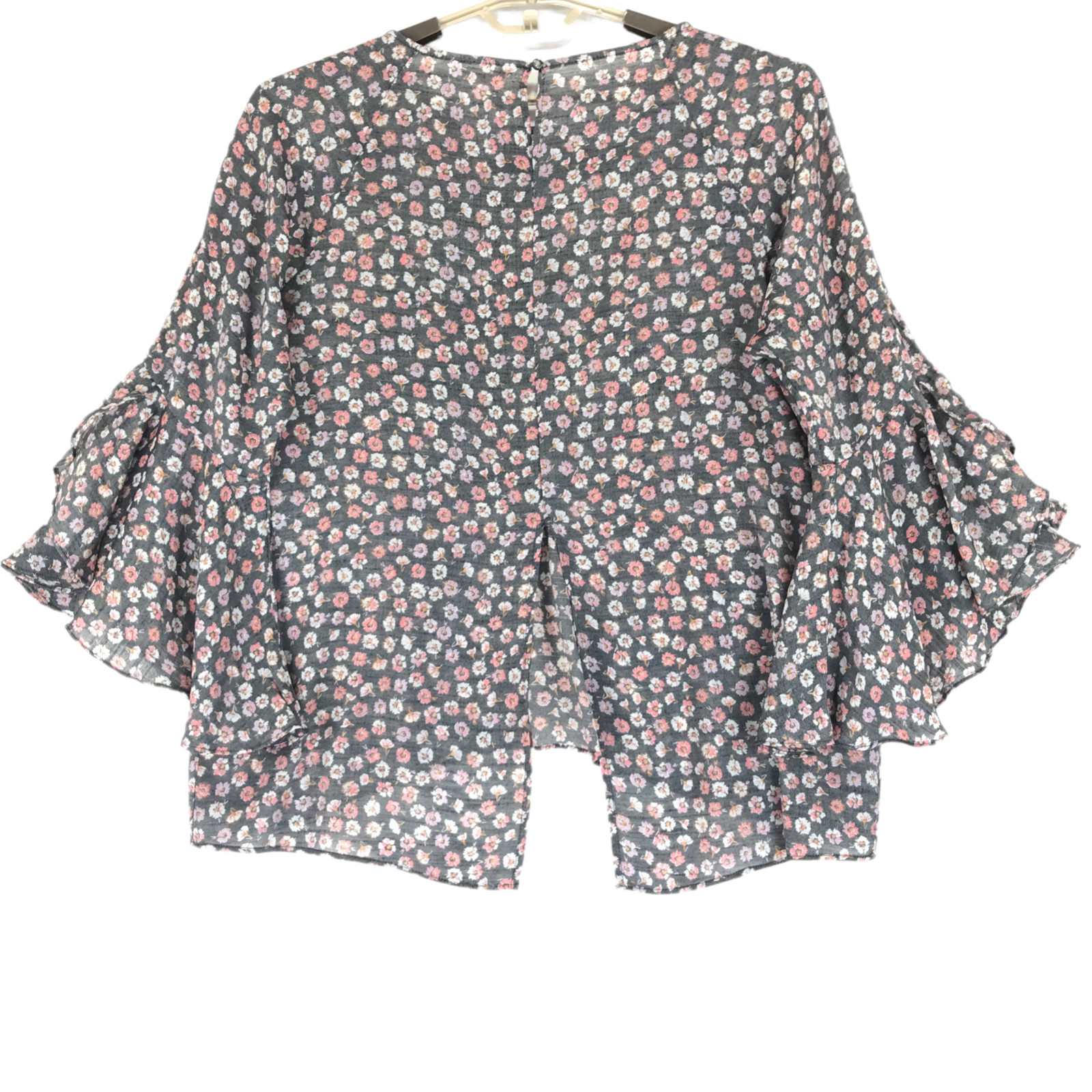 Lauren Conrad Back Slit Blouse Women’s XL Gray Pink Floral 3/4 Sleeve Pullover