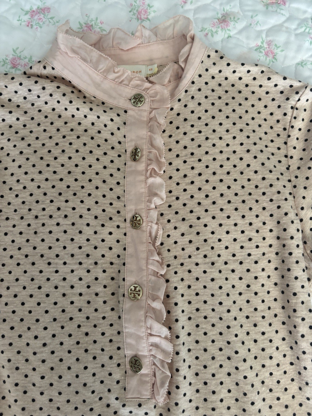 Tory Burch Women’s XS Blush Pink With Black Polka Dot Collared Ruffle Button Top
