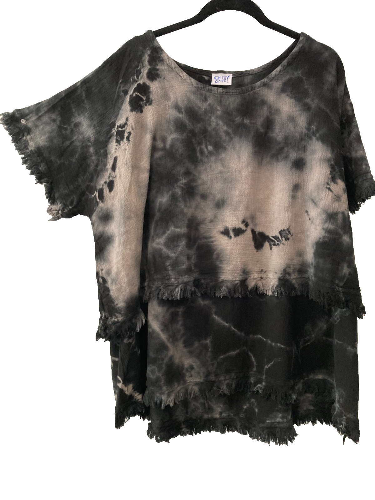 ART TO WEAR….THE FUNKY OH MY GAUZE BLACK/GREY TIE DYE DOUBLE LAYERED TOP to 2X