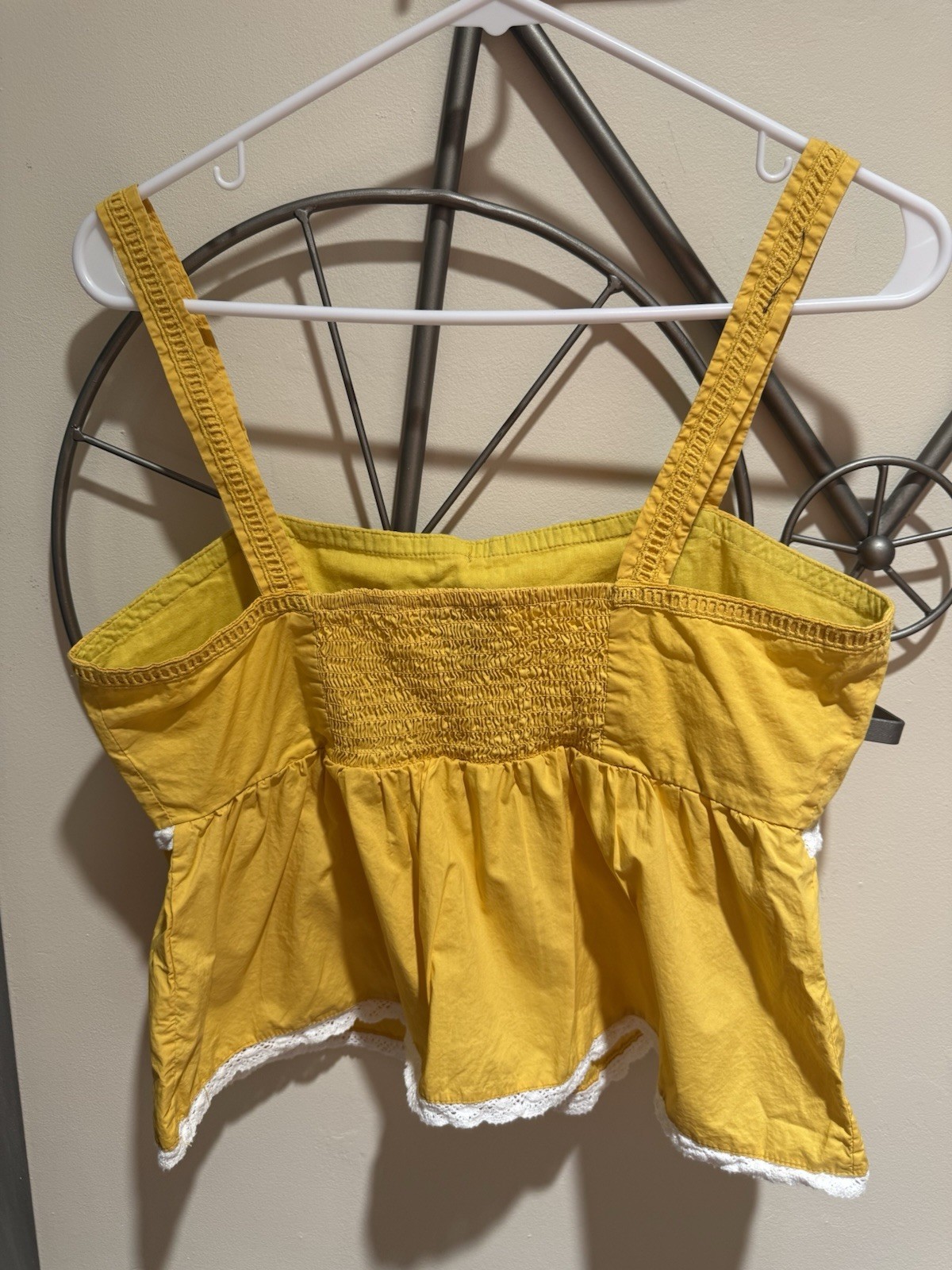Forever 21 Sunshine Yellow Smocked Cropped Top, Size M, Peasant, Lace, Cotton