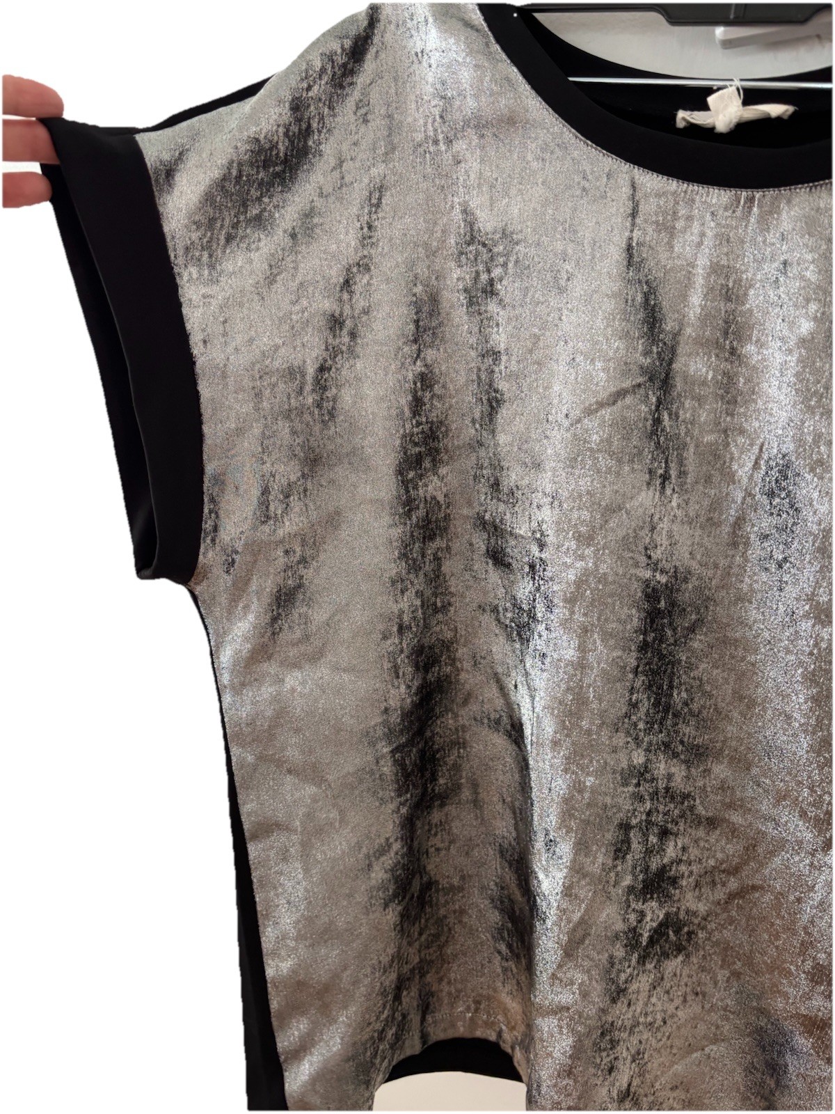Silver Metallic Foil Top Women L Black Contrast Stretch Party Evening size L