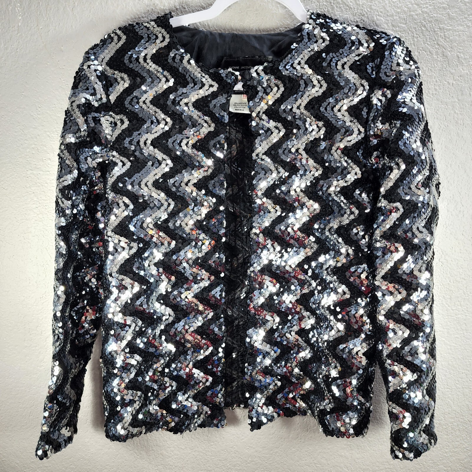 Women’s Yvonne Jacovou Cornelius Black Silver Hook Close Jacket Top Sequin Sz 10