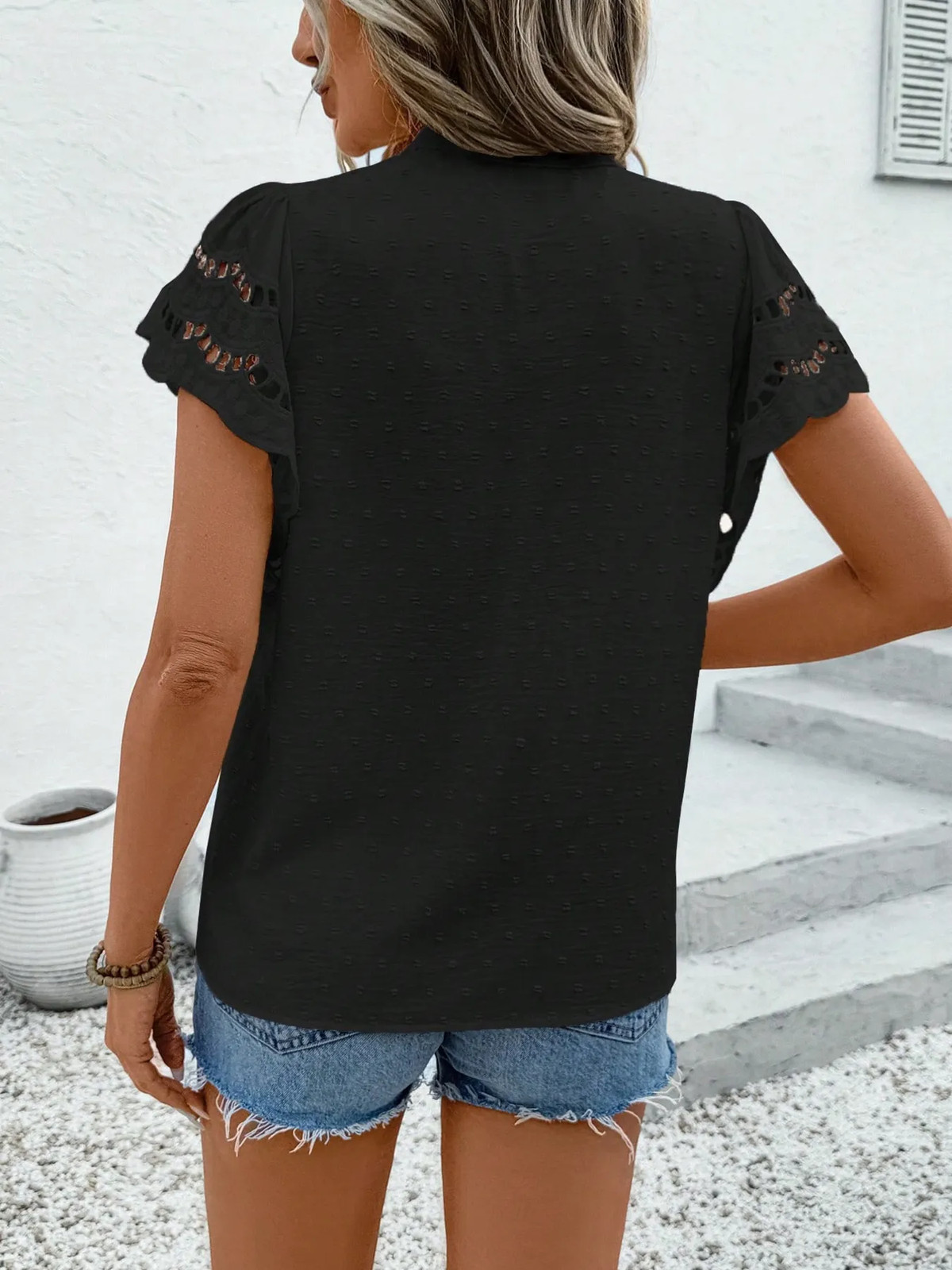 Women Swiss Dot Cutout Button Down Shirt