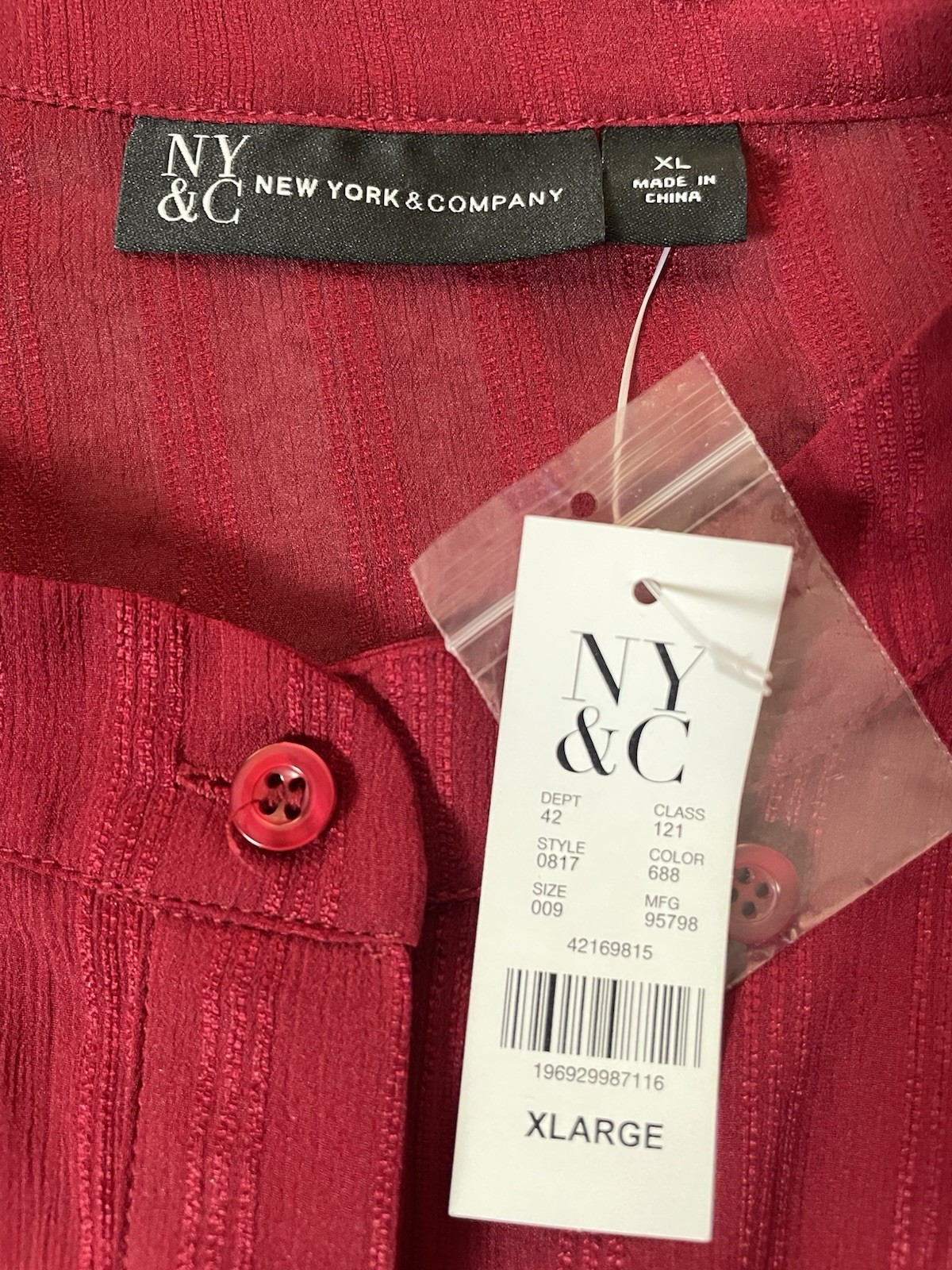 New York Company Button Up Blouse XL Red Striped Long Sleeve Career City Holiday