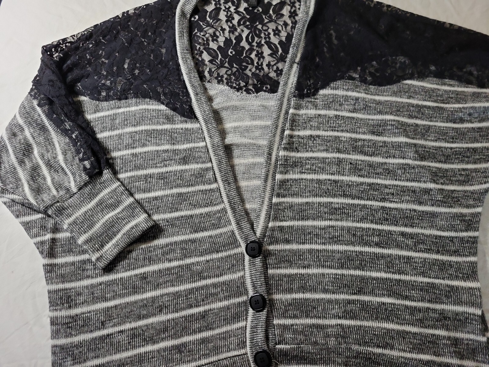 Living Doll Los Angeles XL Woman’s Black Lace w/Gray-White striped Button Srug