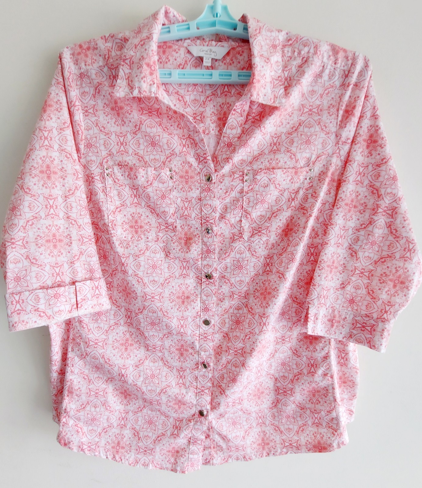 CORAL BAY Womens 2X Pink Print Woven Blouse w/Stretchy Side Panels