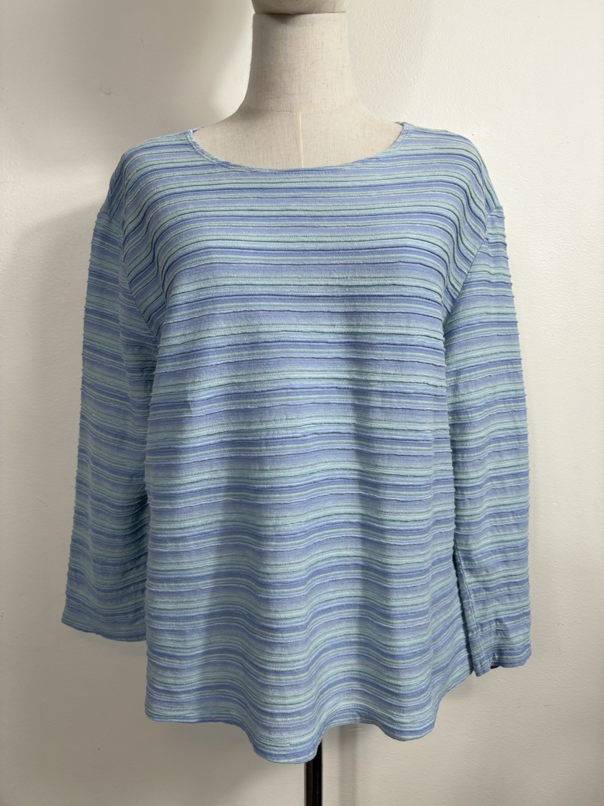 Sun MODA Textured Blue Striped Cotton Shirt Coastal Stretch Made in USA
