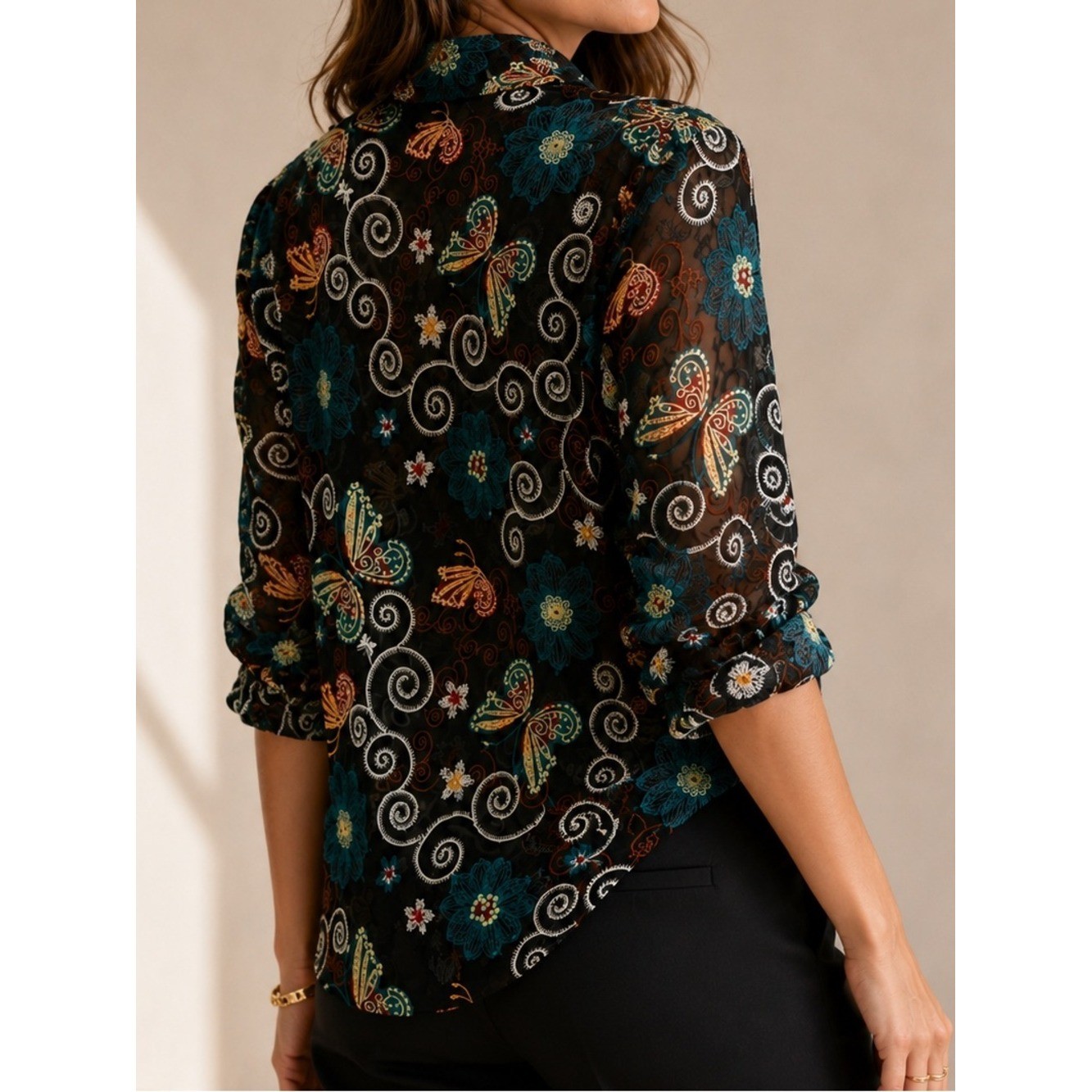 Women’s Sheer Embroidered Mesh Button Front Blouse Floral Butterfly Black M/L