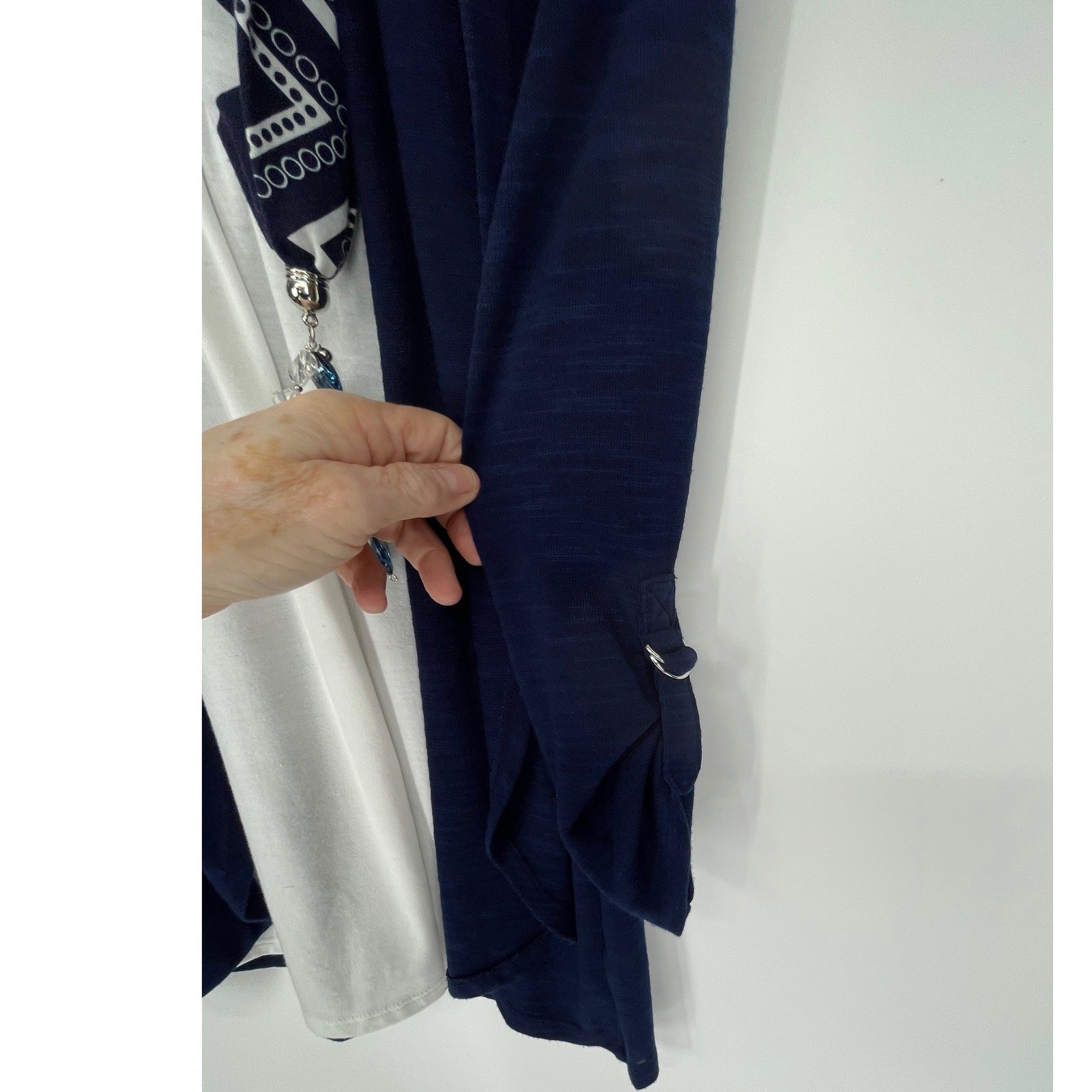 Kim Rogers Women Top PS Cardigan 2-in-1 Navy Blue Scarf Beaded Necklace Tassel