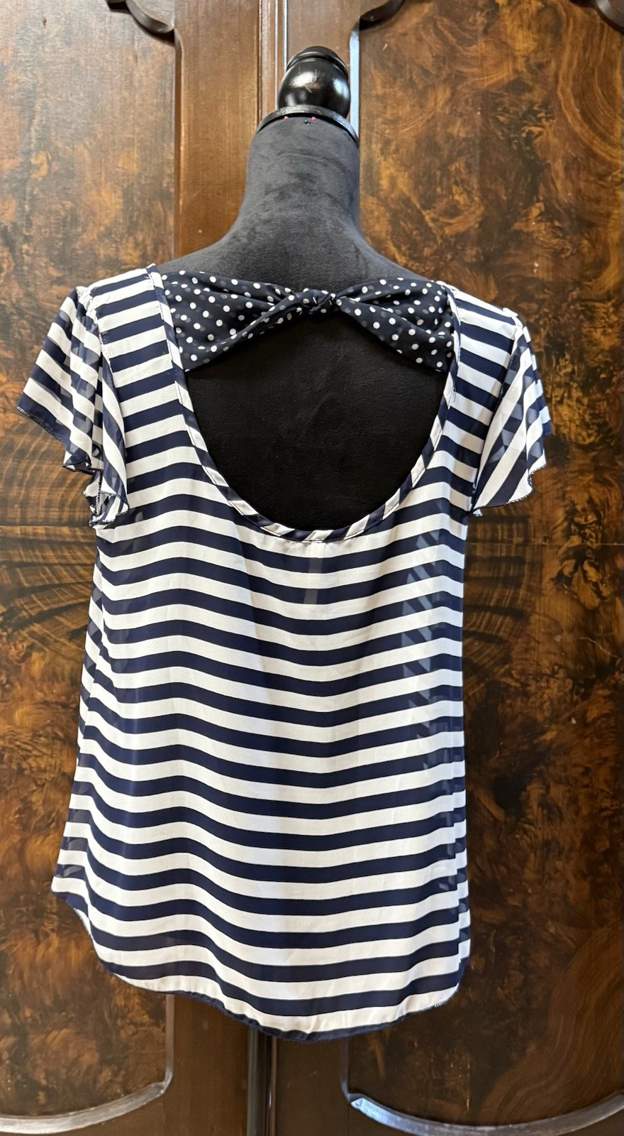 SWEET CLAIRE Top Women Sz L Blue/White Stripe Polka Dot Sheer Polyester Blouse