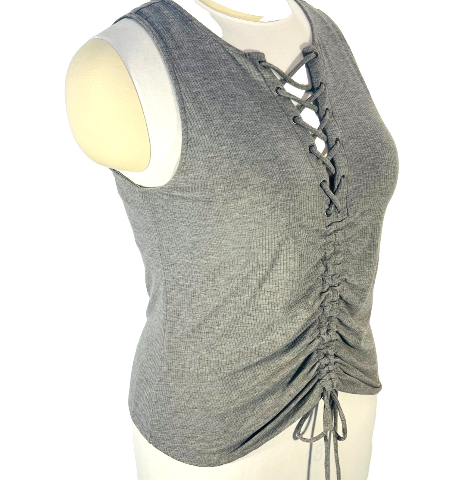 Torrid Tank Top Blouse Womens 2X (2) Gray Ribbed Lace Front Ruched Gathered Hem