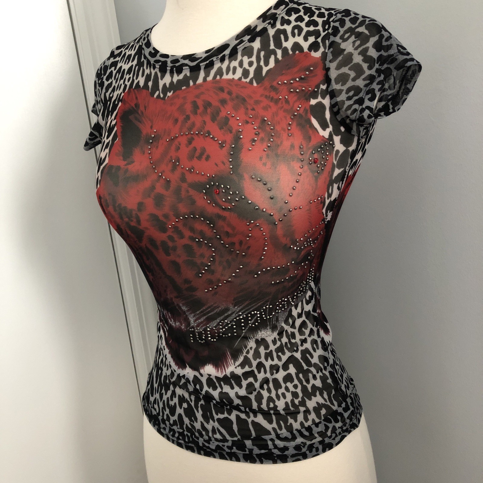 ROBERTO CAVALLI Vintage Y2K 2000 Leopard Print Mesh Top S Animalier Aesthetic