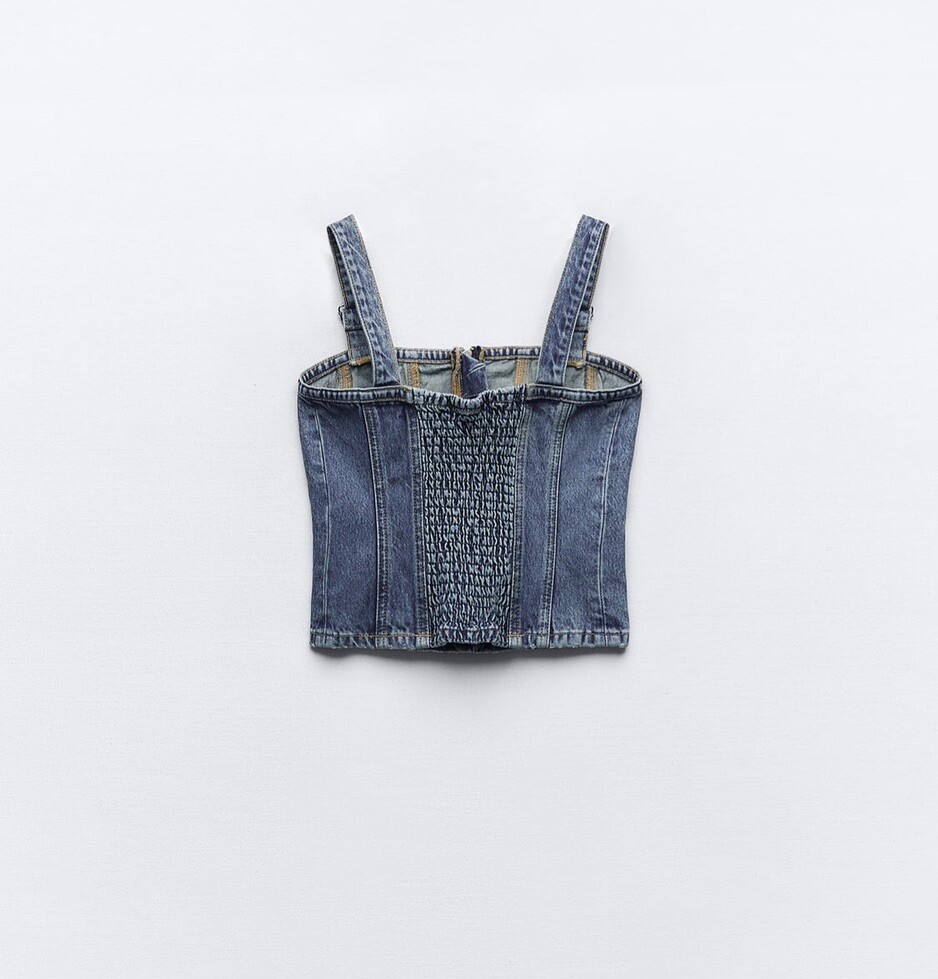 Zara Denim Top, With Square Neckline Adjustable Strap Patch Pocket Small