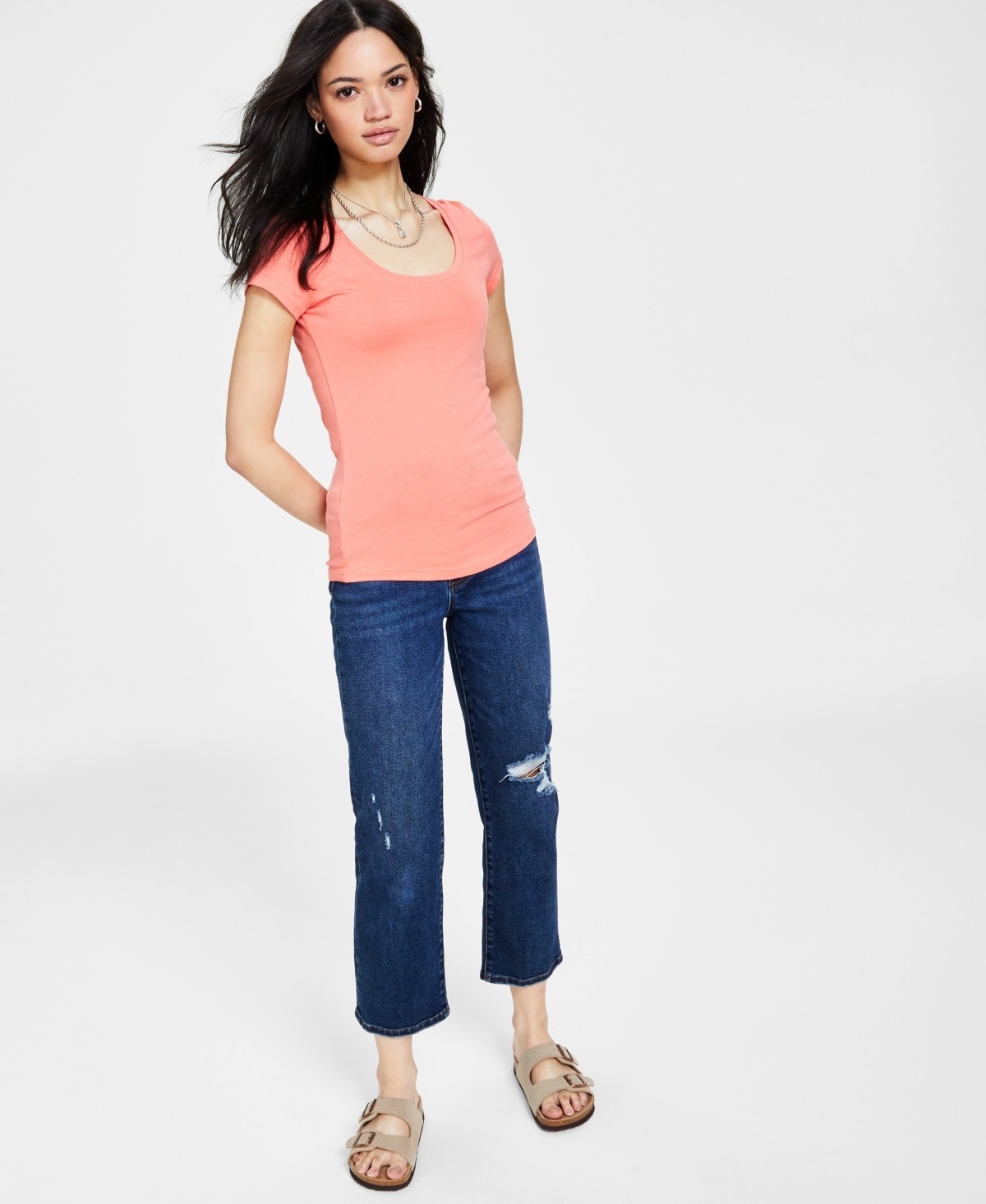 Aveto Juniors’ Scoop-Neck Cap-Sleeve T-Shirt, Peach echo, Size- M