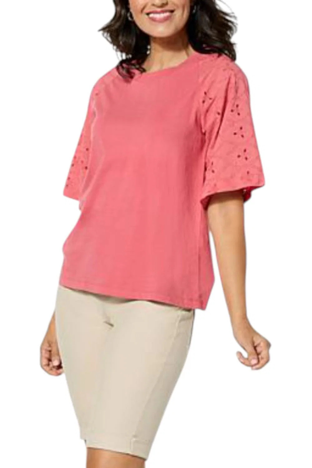 HUE Women’s Cotton Knit Eyelet Raglan Sleeve Tee Faded Rose