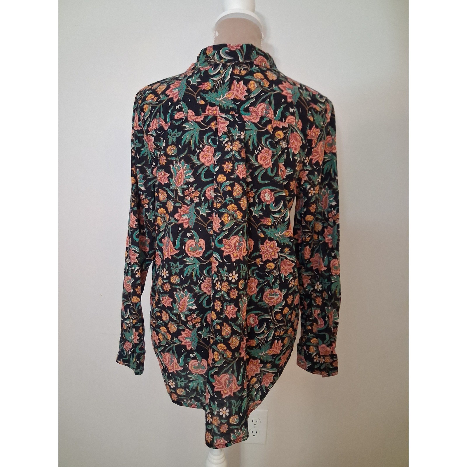 Sundance Womens Floral Button Down Shirt Navy Pink Orange Botanical Print Large