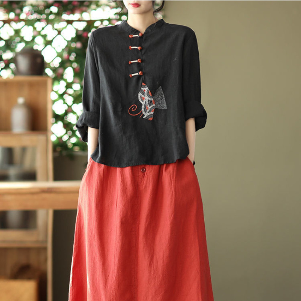Ethnic Women Embroidery Cotton Linen T-shirts Casual Tops Blouse Retro Chinese
