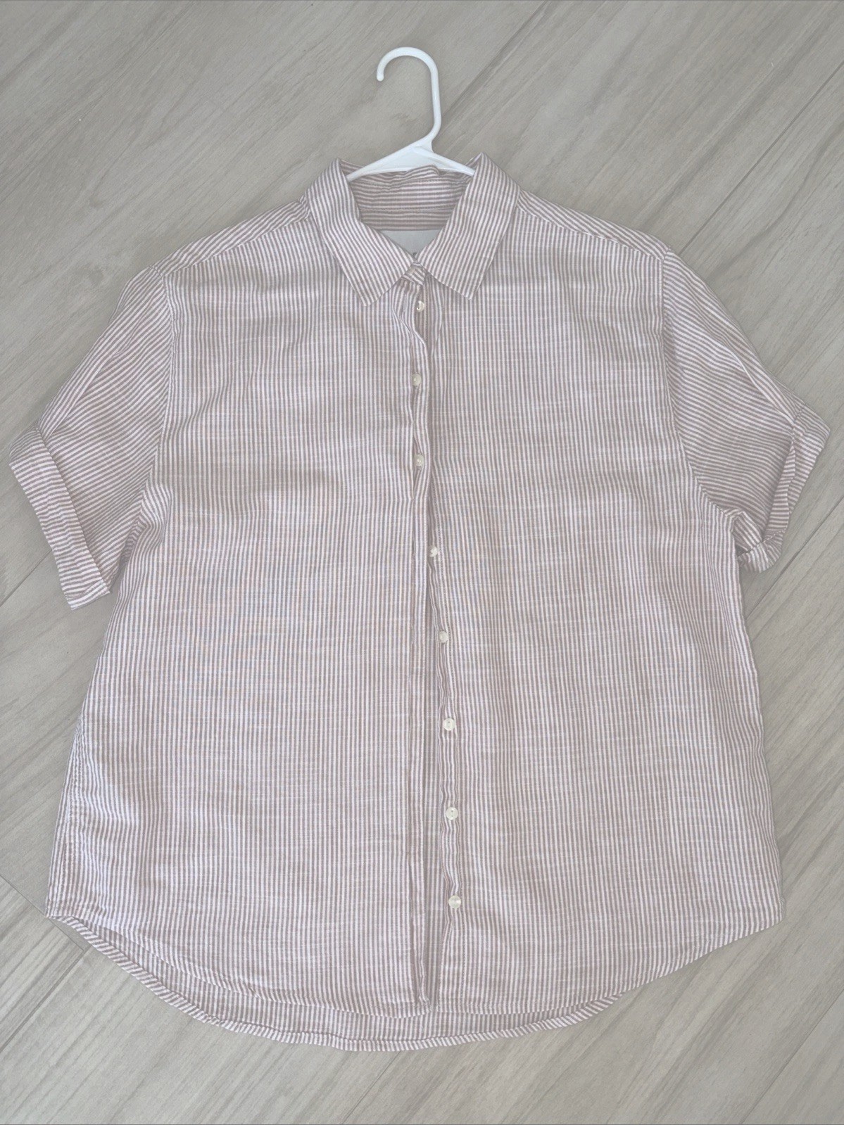 Lola River Striped Shirt Womens Medium Beige Cotton Button Up Short Sleeve Top