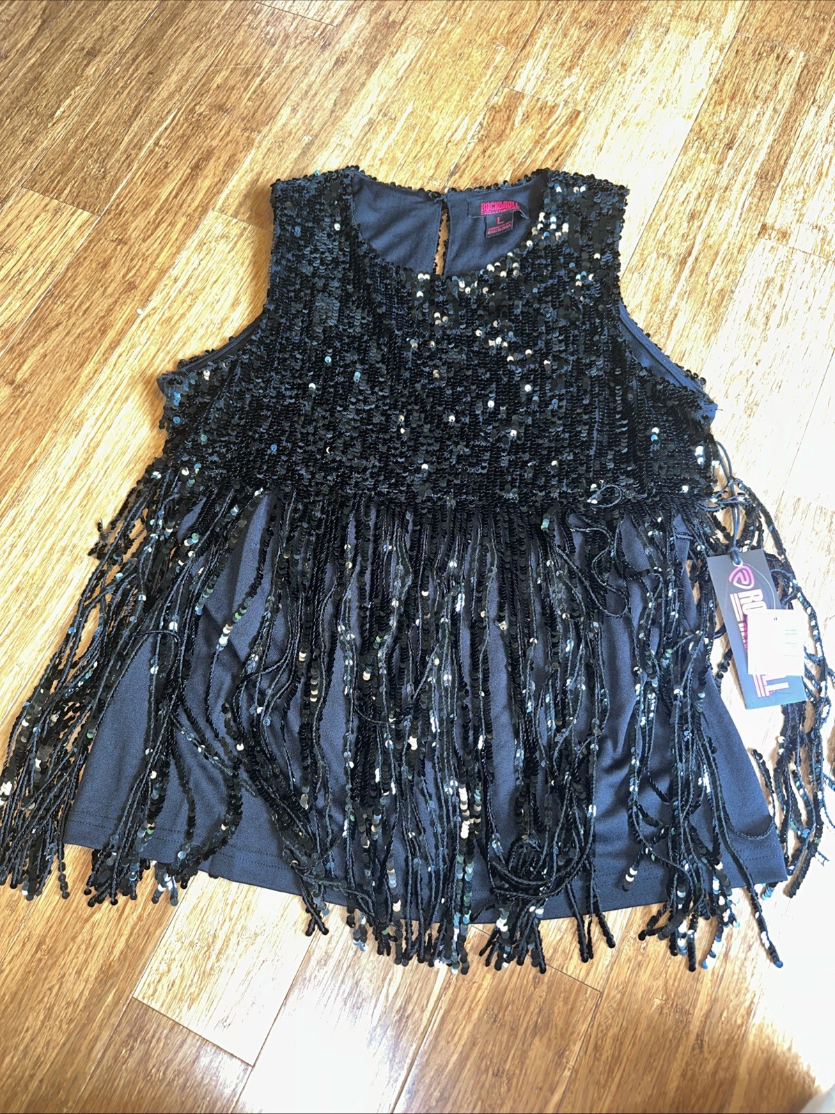 Rock & Roll Denim Ladies Sequin Fringe Black Tank Top Large