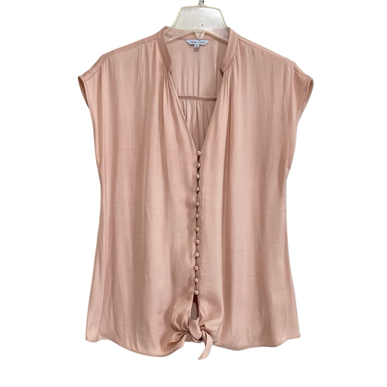 Naked Zebra Button-Up Blouse Women’s Size Large Beige-Pink Short Sleeve Tie Knot