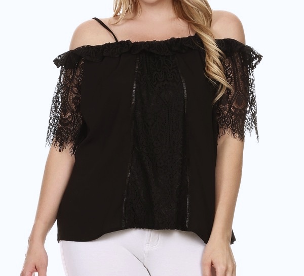 C.O.C. Lace Inset Off the Shoulder SS Top Blouse Black Plus 1XL 2XL 3XL – New!