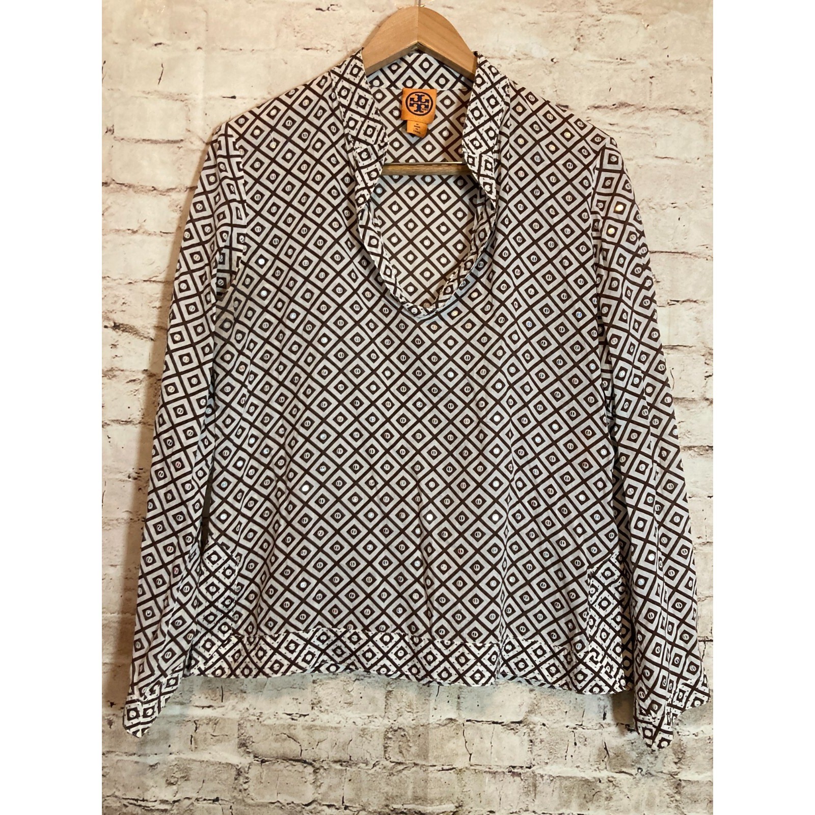 Tory Burch Tunic Top Womens 10 Chocolate Diamond Printed Sequins Lightweight