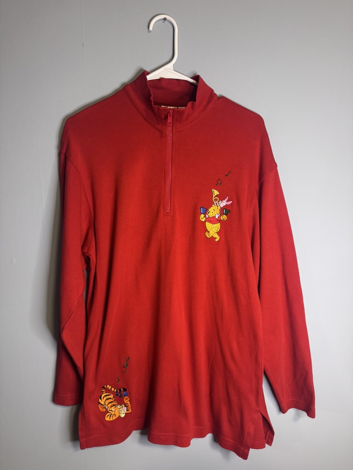 Vintage 90s Disney Womens S Distressed Winnie the Pooh Half Zip Shirt Top Red