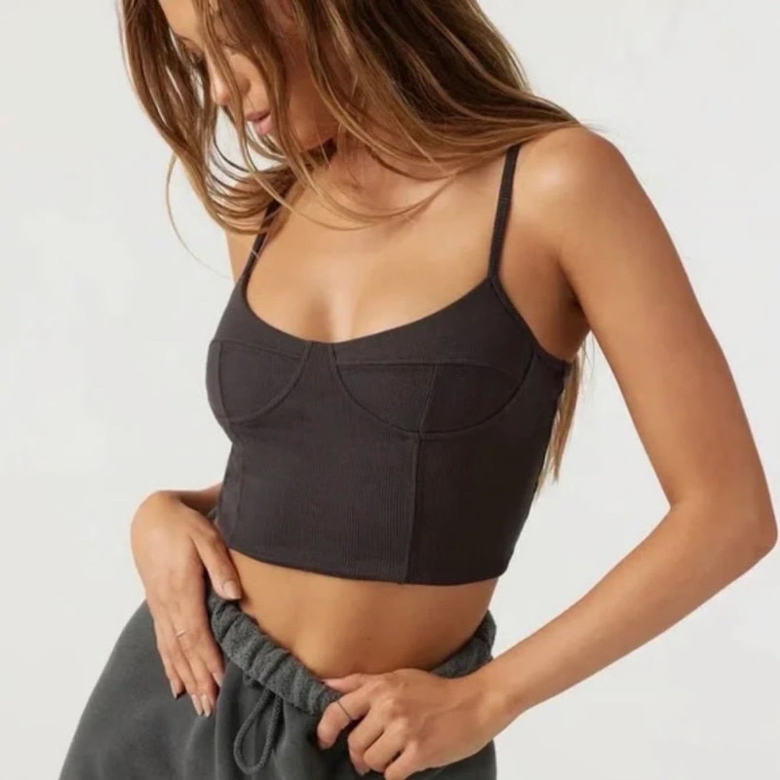 Joah Brown Bustier Cropped Cami Black S/M NEW Ribbed Corset Top Minimal Casual