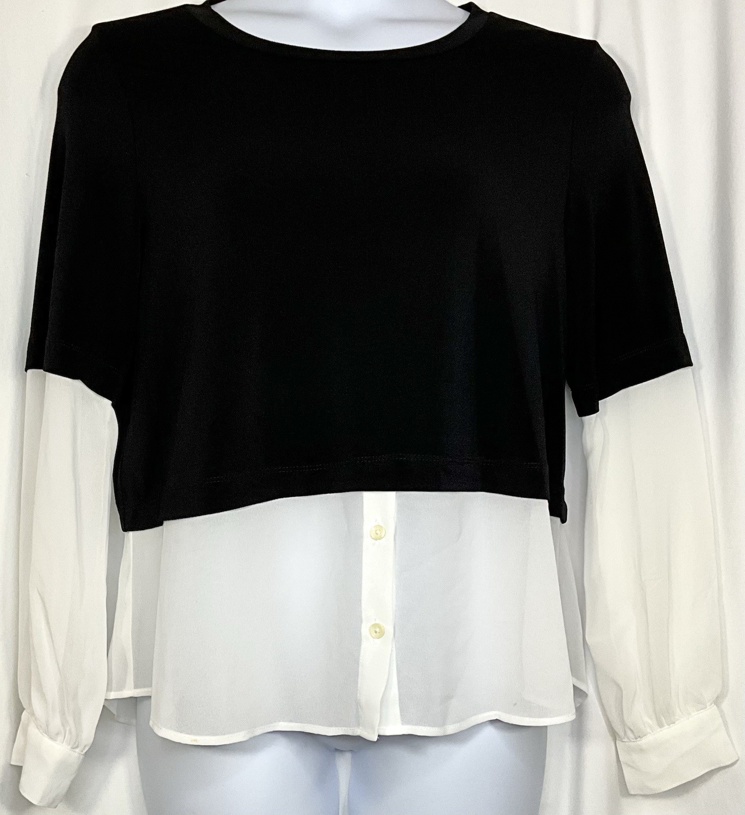 BCBGeneration black/white Blouse Top Polyester Sz L Sheer Long Slv Boat Neck NWT