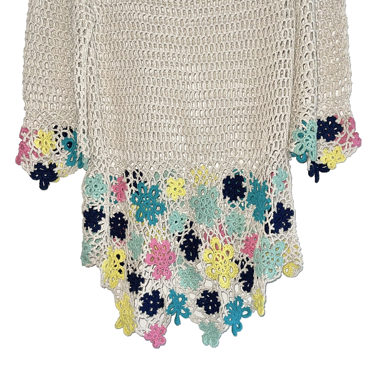 Longline Boho Crochet Top M Open Knit Cover Up Colorful Floral Hi Low Hem Tan