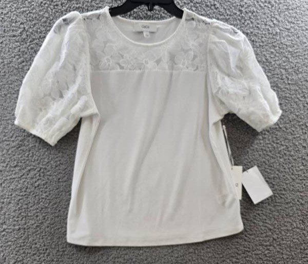 CeCe Embroidered Floral Lace Top Women’s S White Crew Neck Short Sleeve Pullover