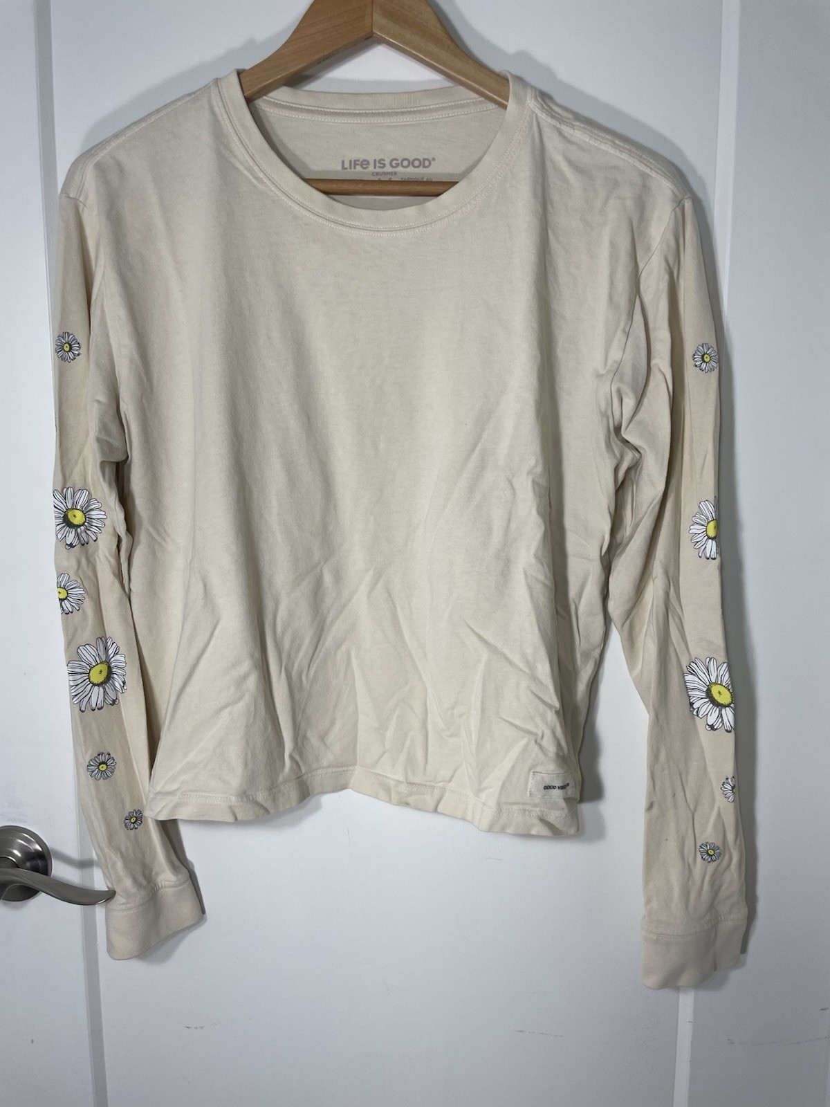 Women’s Long Sleeve Cotton Shirt Flowers On Sleeves Medium Cream