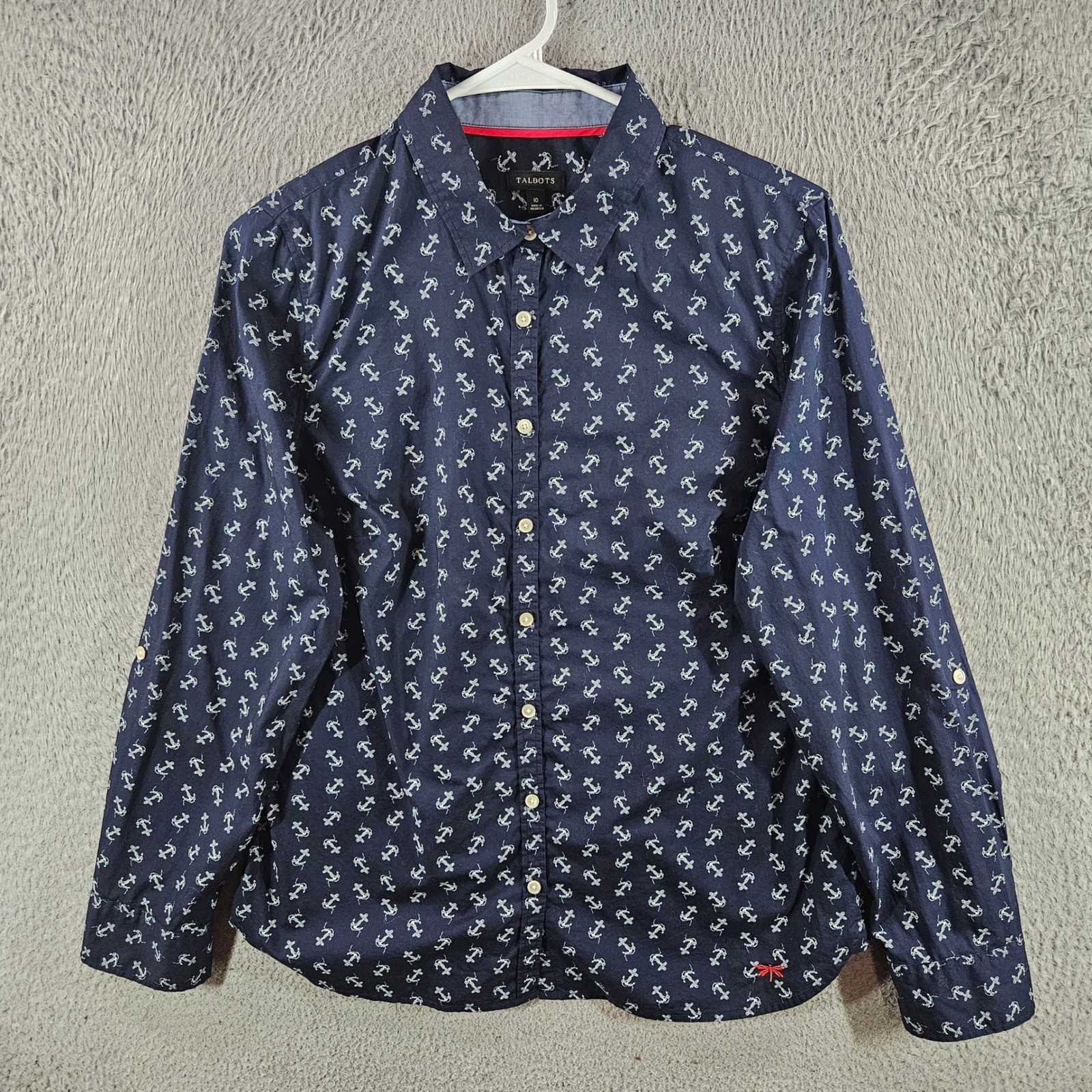 Talbots Womens Navy Blue Anchor Nautical Print Cotton Button Down Shirt Size 10
