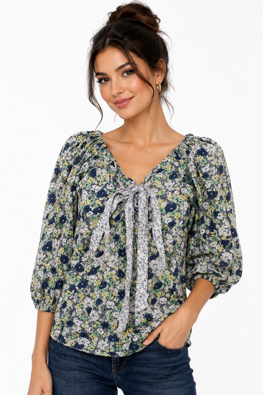 La Vie Rebecca Taylor Size S Cotton Floral Tie Neck Peasant Blouse Puff Sleeve