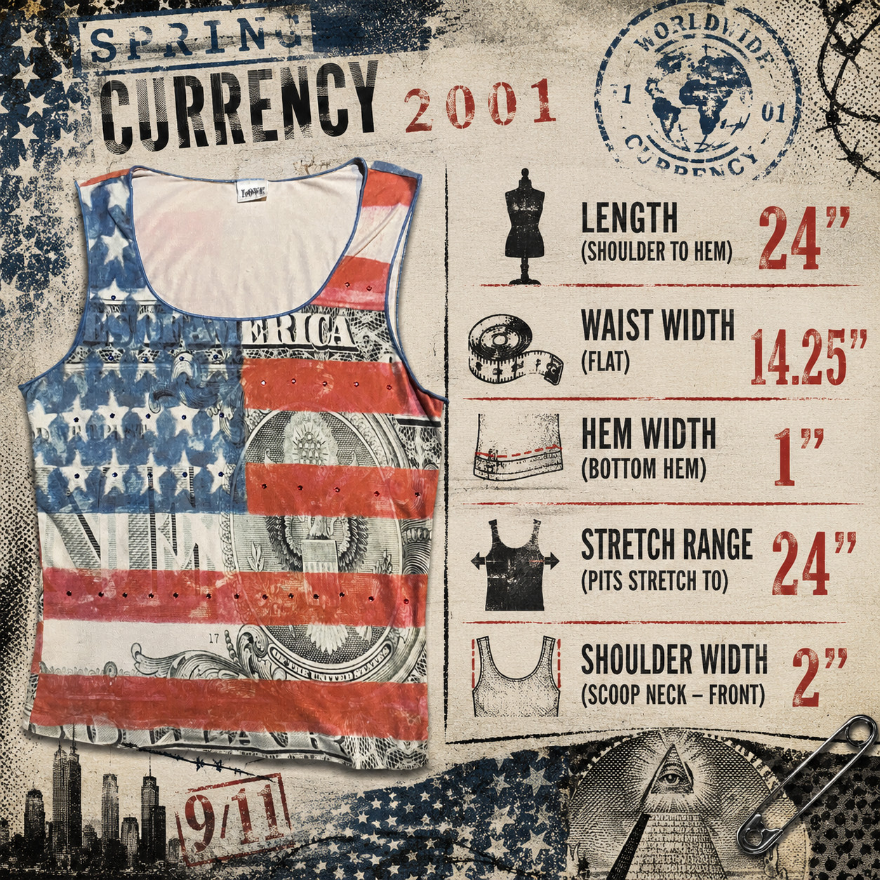 Y2K Patriotic Currency Tank Designer Boutique w/ Riveted Cabochons & TPU Trim