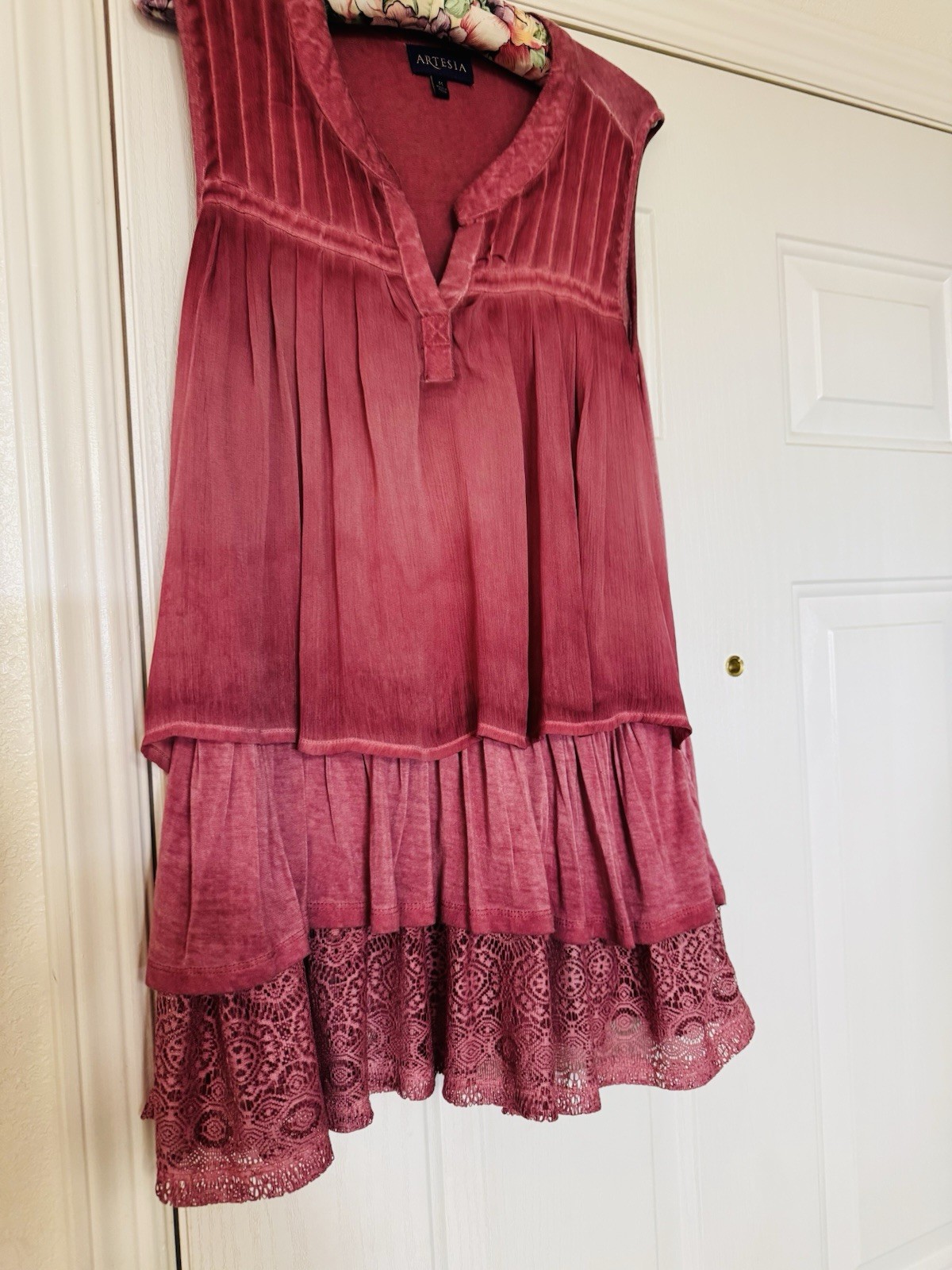 Dusty Pink Mauve Sleeveless Tiered Top Lace Boho Floaty Romance Fairy Sz M NEW
