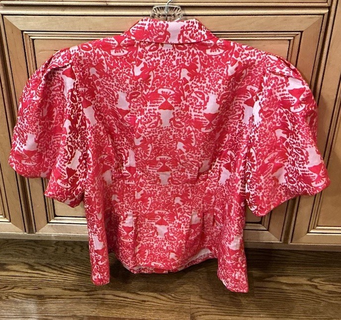 Emily McCarthy Brit Top in Cheeky Cheetah Size Large Pink and Red Puffy Sleeves