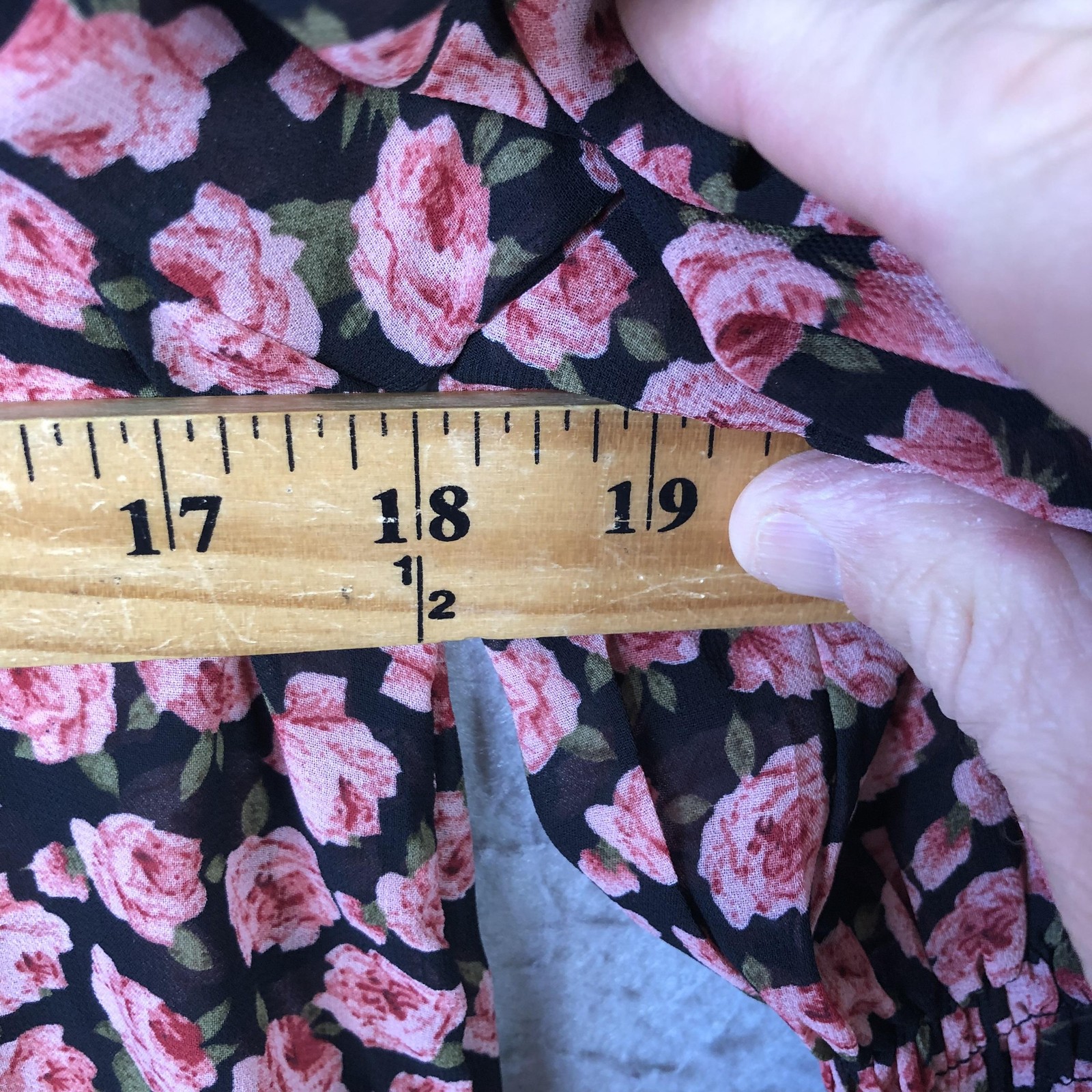 Feminine top Womens S Black Rose Dark Floral Button Front Sheer Ruffle Cottage
