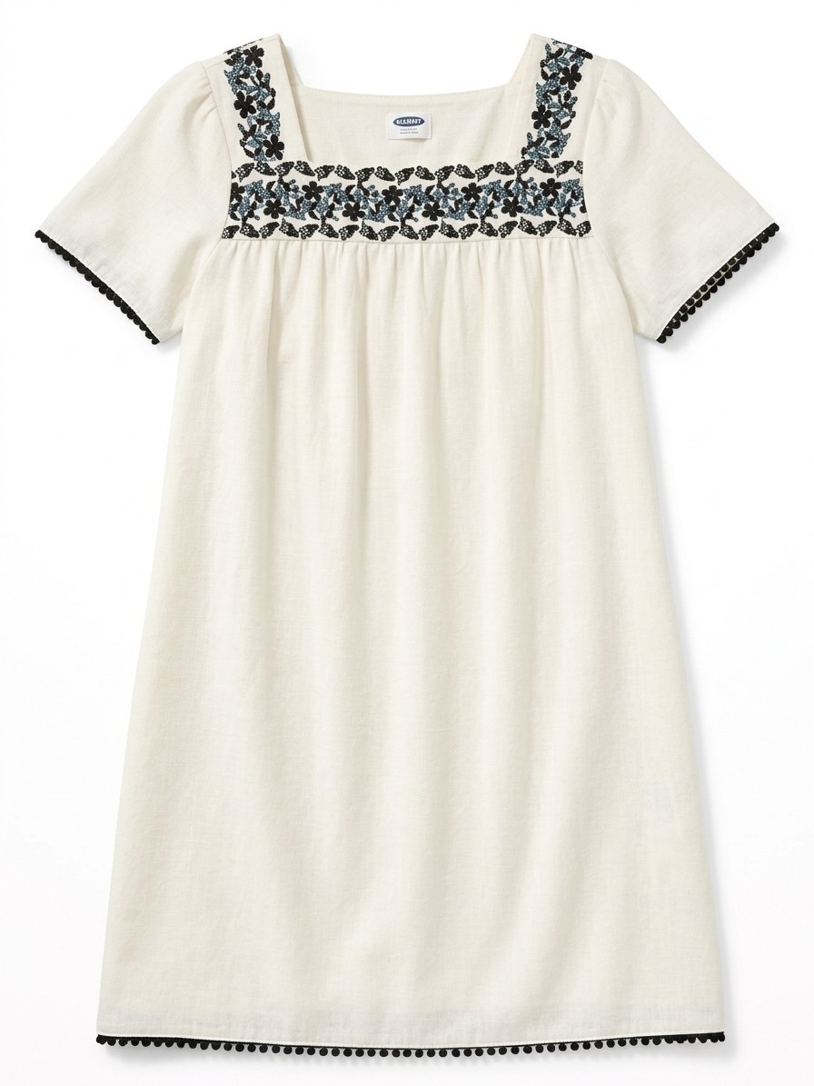 Old Navy White Black Embroidered Linen Blend Shift Dress Medium